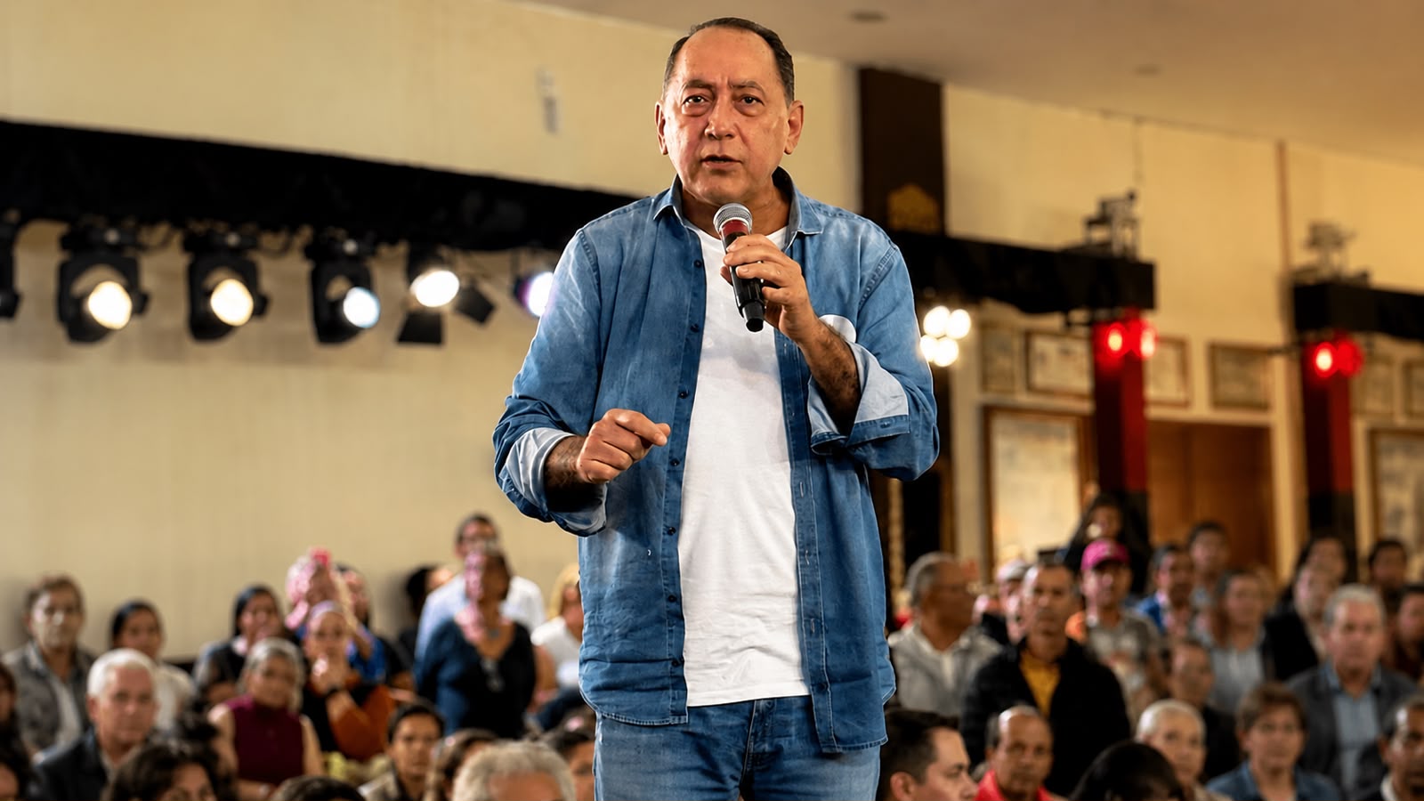 João Paulo Cunha fala ao público durante evento político, segurando um microfone, com pessoas acompanhando o encontro ao fundo.