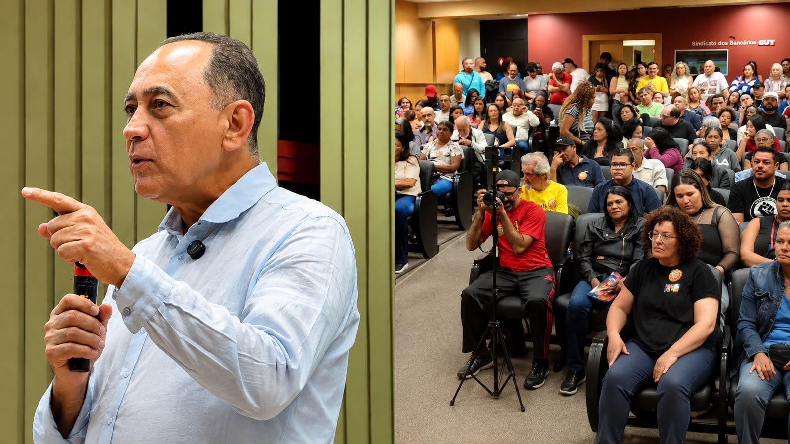 João Paulo Cunha fala ao público durante encontro com trabalhadores e lideranças, enquanto participantes acompanham a atividade em auditório.