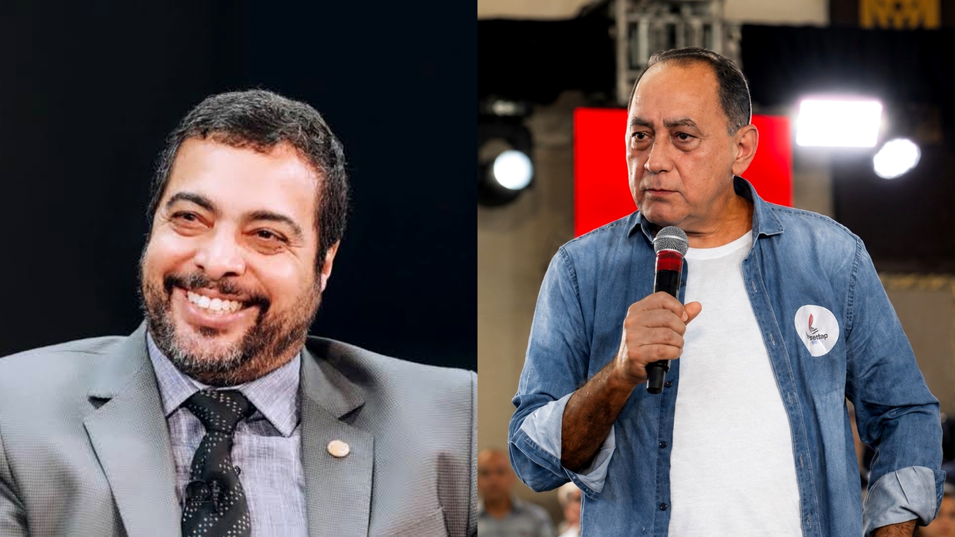 Marcolino e João Paulo Cunha aparecem lado a lado em composição fotográfica; Marcolino veste terno e gravata, enquanto João Paulo segura um microfone durante um evento.