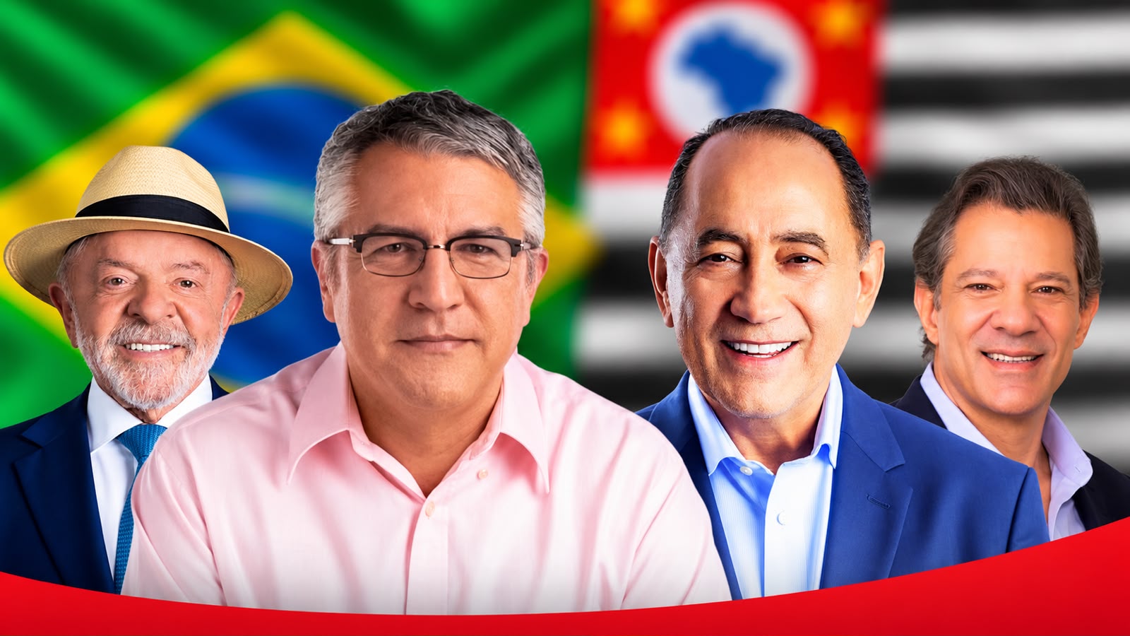 Montagem com quatro figuras políticas brasileiras em destaque, tendo as bandeiras do Brasil e do estado de São Paulo ao fundo. Na parte inferior, uma faixa vermelha completa a composição.