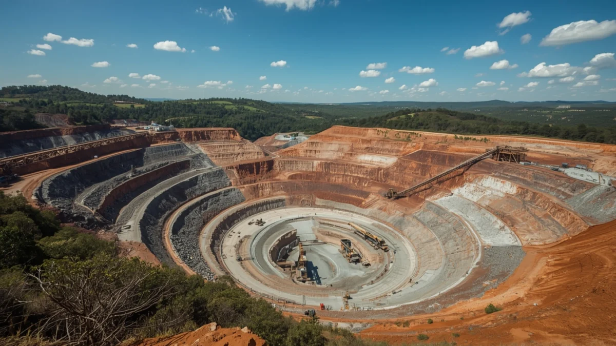 Vista aérea de uma grande área de mineração a céu aberto, com diferentes níveis de escavação e máquinas no local